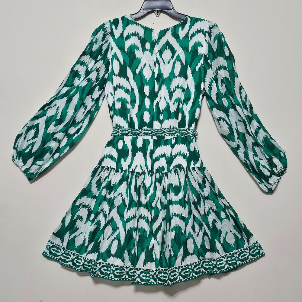 Alexis Marie Dress 8 White Green Vneck Long Sleeves Knee-length Tiered Belt 0714 - Picture 13 of 15